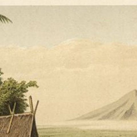 Old Print of the Cipancar River and Pantjar Volcano on Java Island, Indonesia, close-up 1