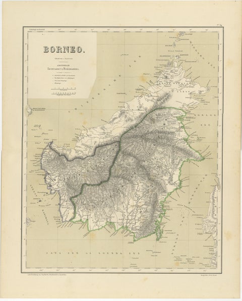 Rare Antique Map of Borneo (Kalimantan), Dutch East Indies Colonial Era, 1884