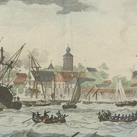Beautiful View of Pulau 'Island' Onrust, Batavia 'Jakarta, Indonesia', ca.1805, close-up 3
