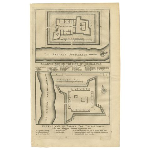 Antique Print of the Fortress on Surabaya and Pasuruan by Valentijn, 1726