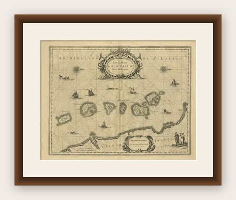 Antique Map of the Moluccas in Indonesia by Janssonius, C.1650, shown framed