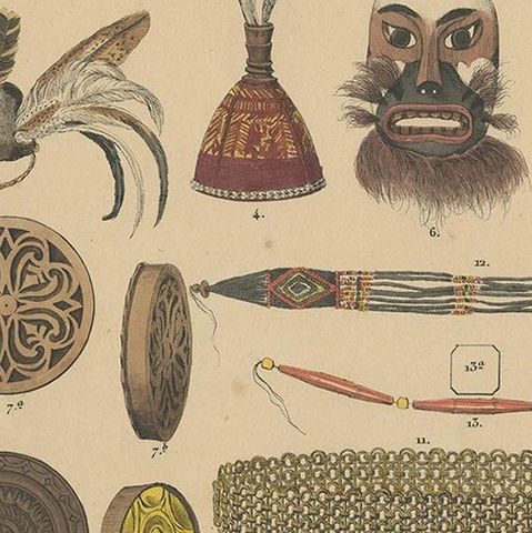 Antique Print with Tools from Borneo 'Indonesia' by Temminck, circa 1840, close-up 2