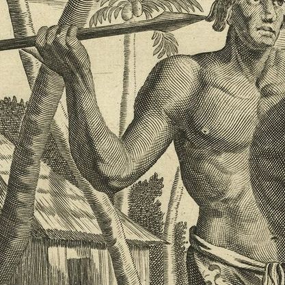 Engraving of Buginese people near Batavia, East Indies, Indonesia, 1744, close-up 1