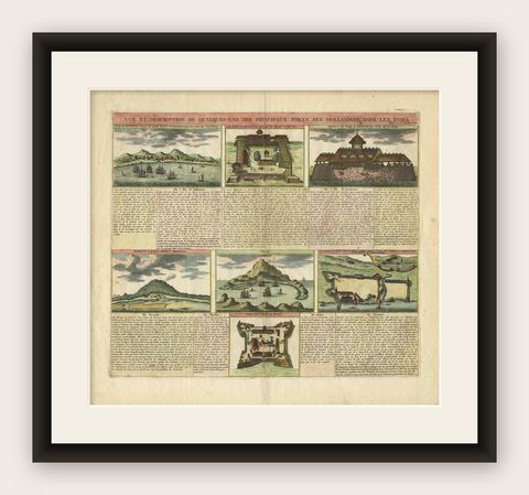 Antique Print of Dutch V.O.C. Trading Outposts and Forts in the East Indies, shown framed