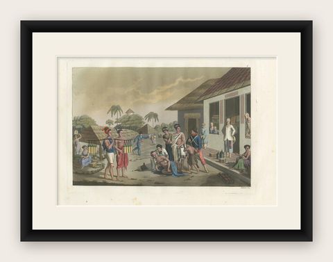 Antique Print of a Bazaar in Kupang, East TImor, by Ferrario, '1831', shown framed