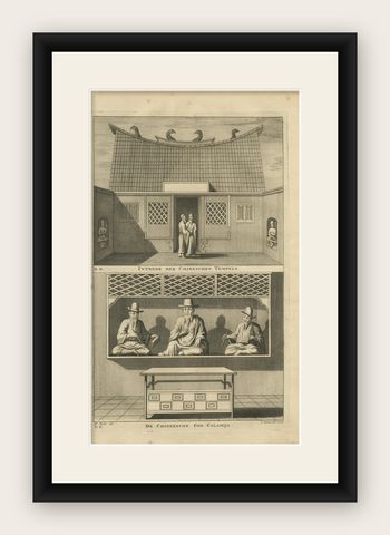 Antique Print of a Chinese Temple and Chinese Deity by Valentijn, '1726', shown framed