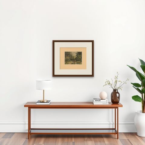 Antique Print of a House in Oleh-Leh, on Atjeh 'Sumatra, Indonesia' by Perelaer, shown framed on a wall, true to size