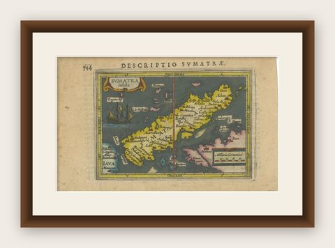 1616 Bertius Map of Sumatra, Singapore and the Straits of Malacca, shown framed