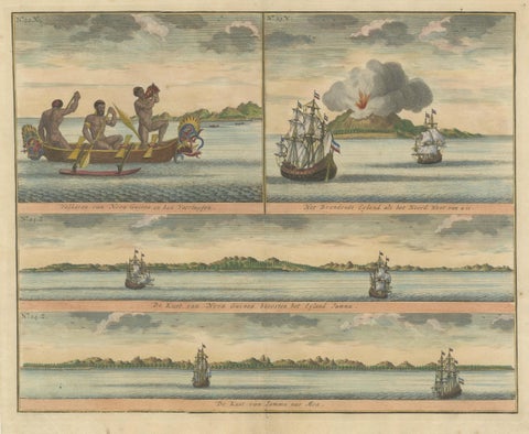 Colored Antique Print of New Guinea Fishermen and views of New Guinea, view 3