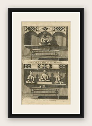 Antique Print of a Chinese Temple and Chinese deity Calamija by Valentijn, 1726, shown framed