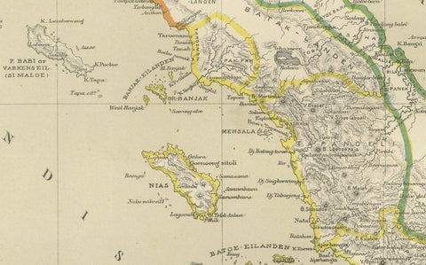 Antique Map of Sumatra, Bangka Belitung and Riau in the Dutch East Indies, 1884, close-up 5