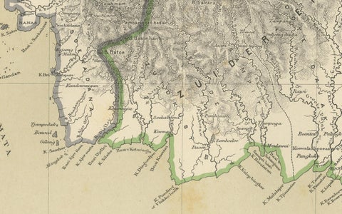 Rare Antique Map of Borneo (Kalimantan), Dutch East Indies Colonial Era, 1884, close-up 6