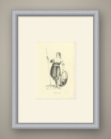 Warrior of the Island of Sawoe, Antique Wahlen Costume Print, 1843-1844, shown framed