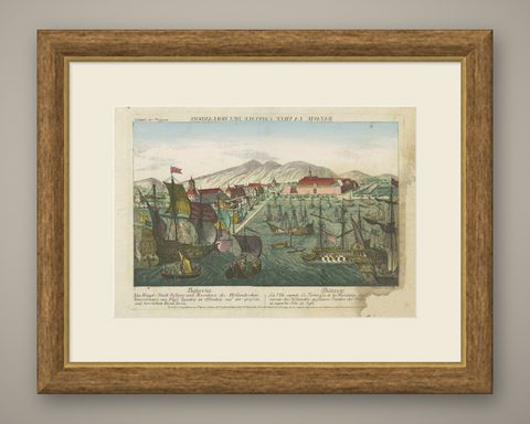 Antique Print of the Harbour of Batavia by Probst, c.1760, shown framed
