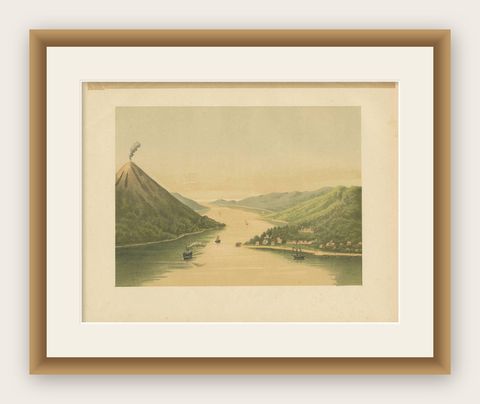 Antique Print of the Volcano Gunung Api in Indonesia, 1888, shown framed