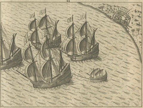 Dutch Fleet off the Coast of Bantam, Java, from History of Amsterdam, 1611, close-up 2
