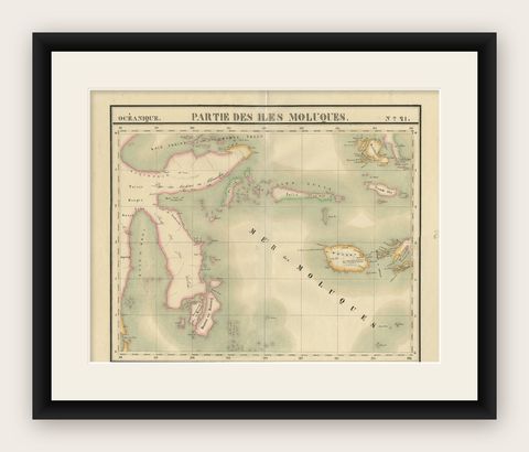 Old Map of the Moluccas and Part of Sulawesi Indonesia by Vandermaelen, c 1825, shown framed