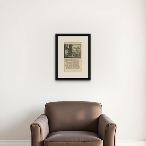Antique Print of the Death of the Prince of Oeva by Valentijn, 1726, shown framed on a wall, true to size
