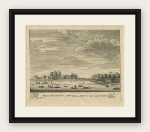 Antique Print of the Castle of Batavia or Nowadays Jakarta, Indonesia, 1726, shown framed