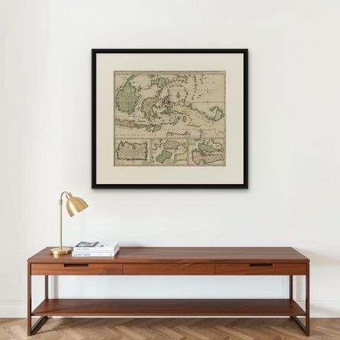 Old Map of the East Indonesian Islands Borneo, Celebes, New Guinea, Bali, 1792, shown framed on a wall, true to size