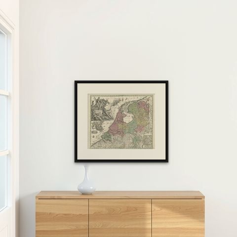 Dutch Republic & East Indies, Belgium Foederatum Map by Seutter, 18th Century, shown framed on a wall, true to size
