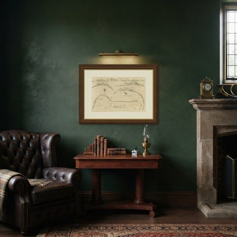 Rare Map of Six Coast Views and Anchorages of Sierra Leone and Indonesia, 1660, shown framed in a room, true to size