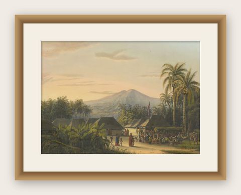Vibrant Colonial Era Java Print: Festival near Mount Ardjoeno, ca. 1872, shown framed