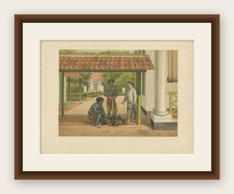 Antique Print of a Native Chicken Salesmen in Batavia 'Java, Indonesia', shown framed
