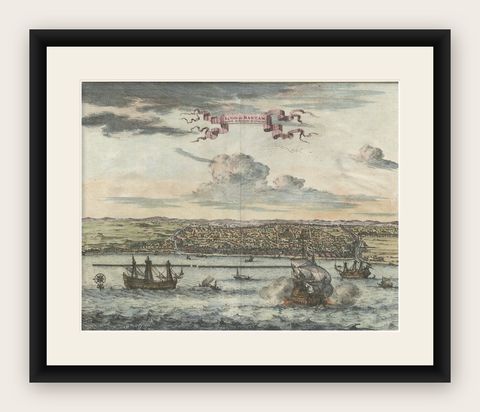Original Antique Bird's Eye View of Banten or Bantam in Java, Indonesia, 1725, shown framed
