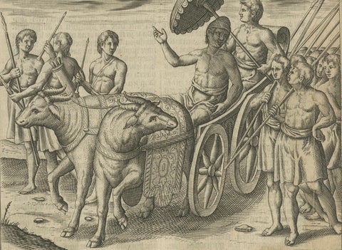 Earliest Depiction of Bali, Dutch Engraving of the King of Bali, c.1601, close-up 2