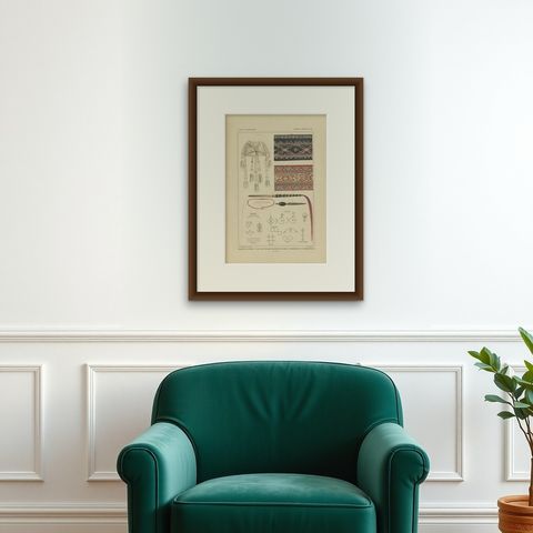 Antique Print with Fabrics of Timor and Rotti 'Indonesia', Temminck, circa 1840, shown framed on a wall, true to size
