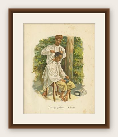 Antique Print of an Indonesian Barber Working Under a Tree, 1909, shown framed