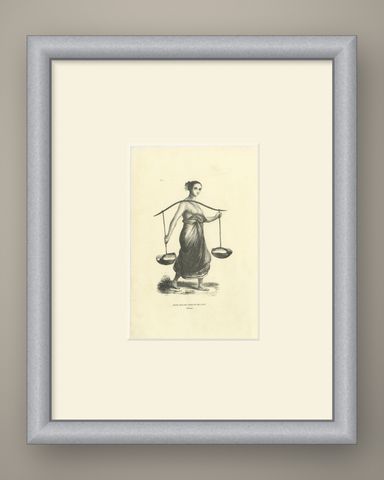 Young Malay Woman Carrying Water, Antique Wahlen Costume Print, 1843-1844, shown framed