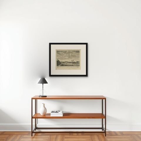 Antique Print of the Sugar Warehouse of Batavia by Valentijn, '1726', shown framed on a wall, true to size