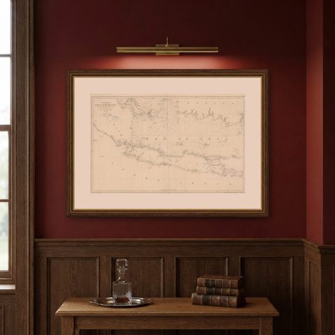 Large Chart of the island and sea of Java, Indonesia, shown framed on a wall, true to size