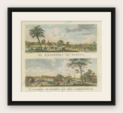 Dutch Colonial Views of Batavia, Diestpoort and Castle with Laboratory, c.1780, shown framed