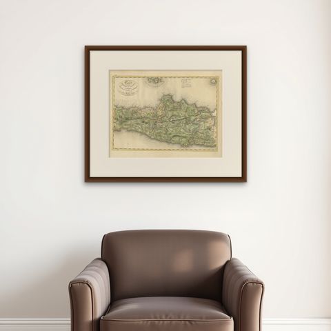 Antique Map of Central and East Java by Van den Bosch, 1818, shown framed on a wall, true to size