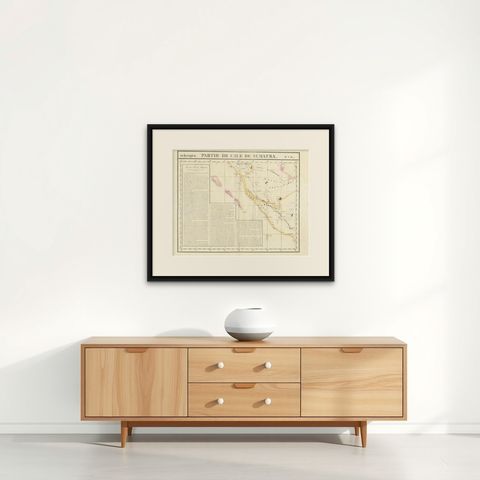 Detailed Antique Map of the Western Sumatra, Indonesia, circa 1825, shown framed on a wall, true to size