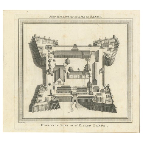 VOC Fort Nassau at Banda of The Spice Islands, Bird’s-eye View Engraving, c.1740