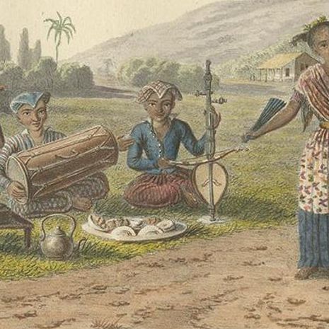 Antique Print of Music and Dance of Java by Hurter, circa 1830, close-up 1