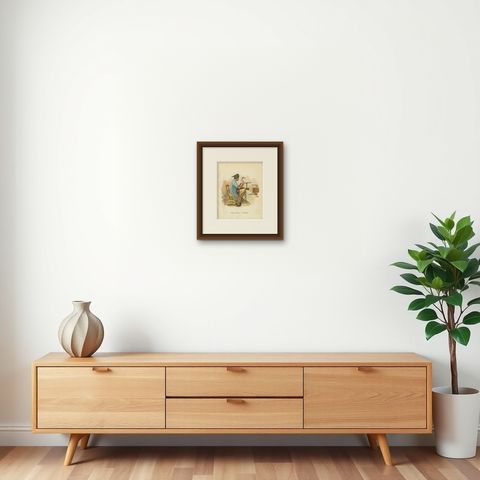 Antique Print of an Indonesian Tin Laborer, 1909, shown framed on a wall, true to size