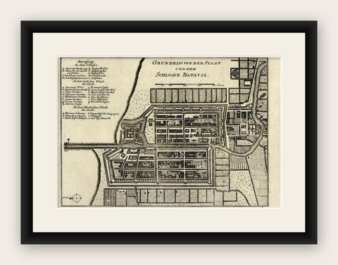 Antique Plan of Batavia and the Castle in the Dutch East Indies, 1763, shown framed