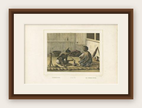 Antique Print of Javanese Locals Smoking Opium by Van Pers, circa 1850, shown framed