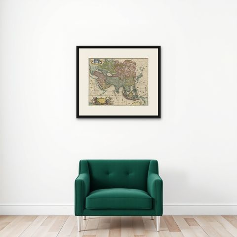 Antique Map of Asia and the East Indies and Korea as a Peninsula, ca.1660, shown framed on a wall, true to size