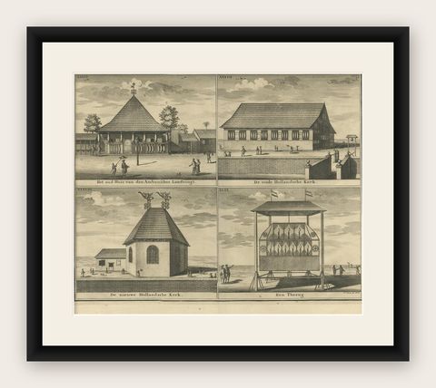 Antique Print with Four Views of Ambon by Valentijn '1726', shown framed