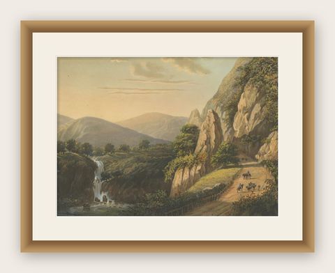 Mountain Road and Waterfall in the Tengger Range, Java Lithograph, circa 1872, shown framed