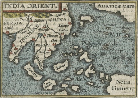 1601 Miniature Map of Southeast Asia & Nova Guinea by Ortelius, Vrients Edition, close-up 4