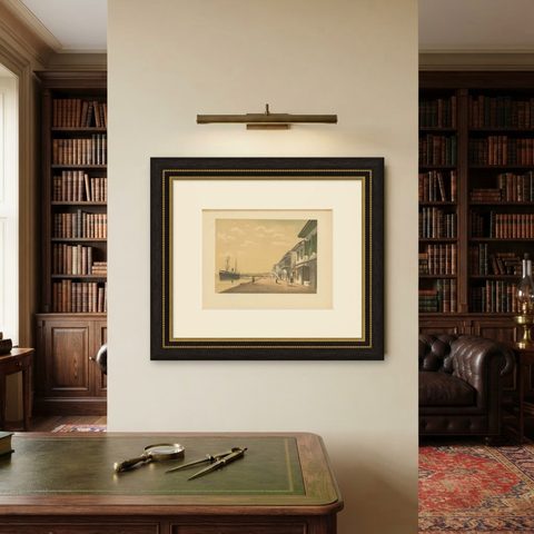 Antique Print of a Steamship at Tanjung Burung by M.T.H. Perelaer, 1888, shown framed on a wall, true to size