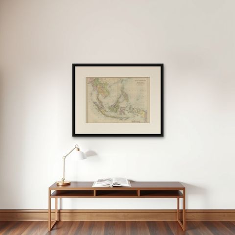 Antique Map of the East Indies by A & C. Black, 1870, shown framed on a wall, true to size