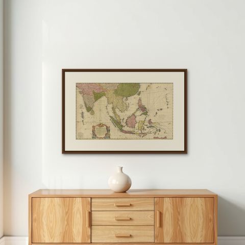Rare 18th-Century Hand-Colored Map of Southeast Asia and the East Indies, 1748, shown framed on a wall, true to size